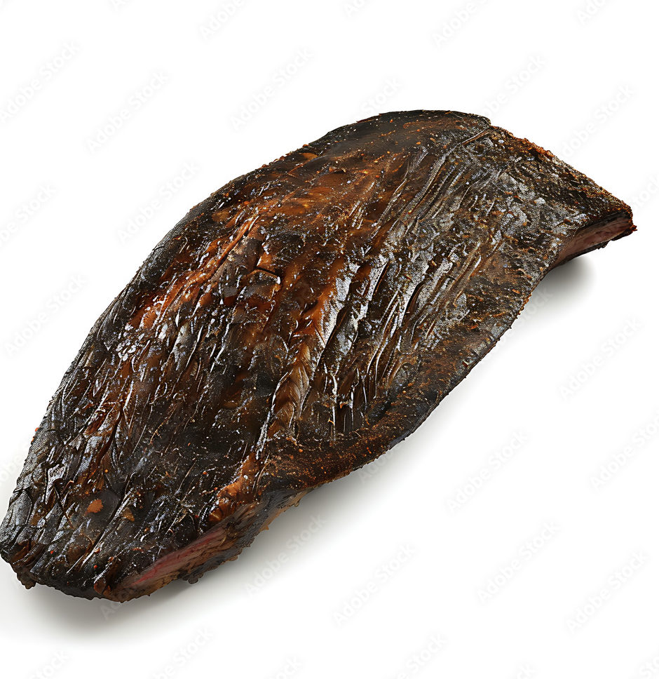 LE BRISKET SIGNATURE PAR STEPHAN "L'art du feu et du temps" : un brisket entier fumé, à l'écorce sombre et brillante, surface texturée et assaisonnée, isolé sur fond blanc.