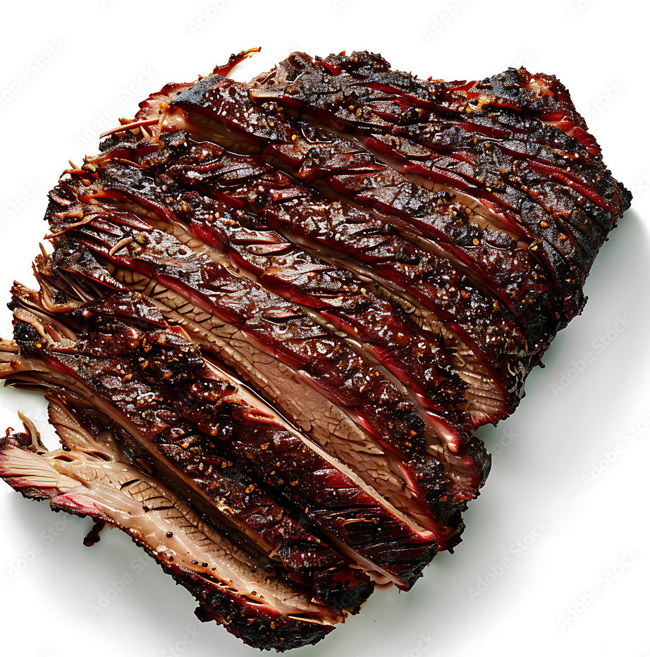 LE BRISKET SIGNATURE PAR STEPHAN "L'art du feu et du temps" présente des tranches de brisket fumé, juteuses et tendres, avec une croûte assaisonnée et une belle marque de fumée sur fond blanc.