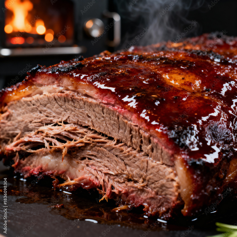 Gros plan sur la tranche juteuse de LE BRISKET SIGNATURE PAR STEPHAN "L'art du feu et du temps", dont la croûte brillante et caramélisée révèle une viande tendre et moelleuse à l'intérieur. Un four à bois apparaît à l'arrière-plan tandis que la vapeur s'élève de la poitrine fraîchement coupée.