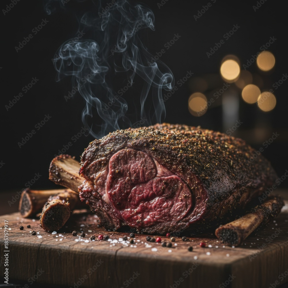 Un rôti LE BRISKET SIGNATURE PAR STEPHAN "L'art du feu et du temps", chaud et juteux, au cœur rose, repose sur une planche en bois, entouré de gros sel et de grains de poivre, la vapeur s'élevant sous un éclairage chaud et flou.