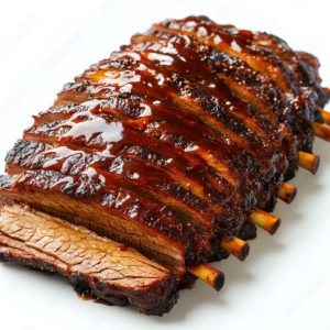 LE BRISKET SIGNATURE PAR STEPHAN "L'art du feu et du temps" représente des côtes levées au barbecue, tranchées entre les os et enduites d'une sauce barbecue riche et brillante, présentées sur un fond blanc.