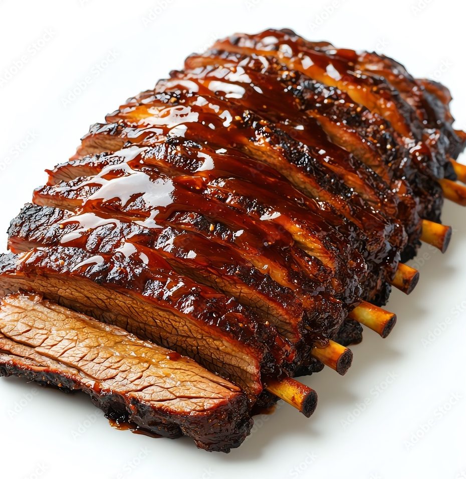 LE BRISKET SIGNATURE PAR STEPHAN "L'art du feu et du temps" représente des côtes levées au barbecue, tranchées entre les os et enduites d'une sauce barbecue riche et brillante, présentées sur un fond blanc.