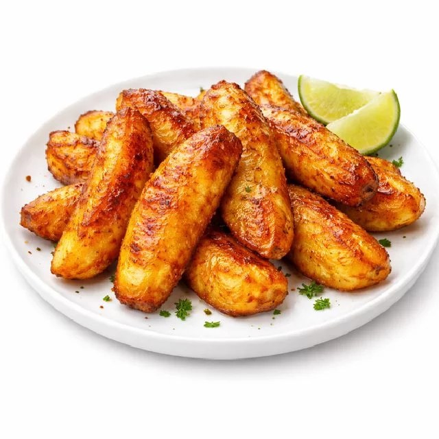 ALOKO (Minimum de commande 30 pièces) : Des bananes plantains rôties et dorées sur une assiette blanche, garnies d'herbes vertes et accompagnées de deux quartiers de citron vert, le tout sur un fond blanc uni.