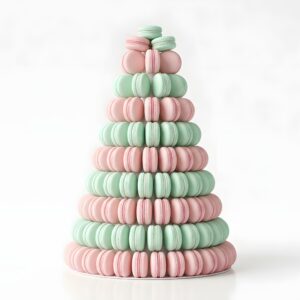 Une présentation en forme de tour, aux teintes rose pastel et vert menthe, de NOS PIÈCES MONTÉES (sélectionnez la pièce montée de votre choix) est disposée en rangées bien ordonnées sur une surface blanche, sur fond blanc et doux.