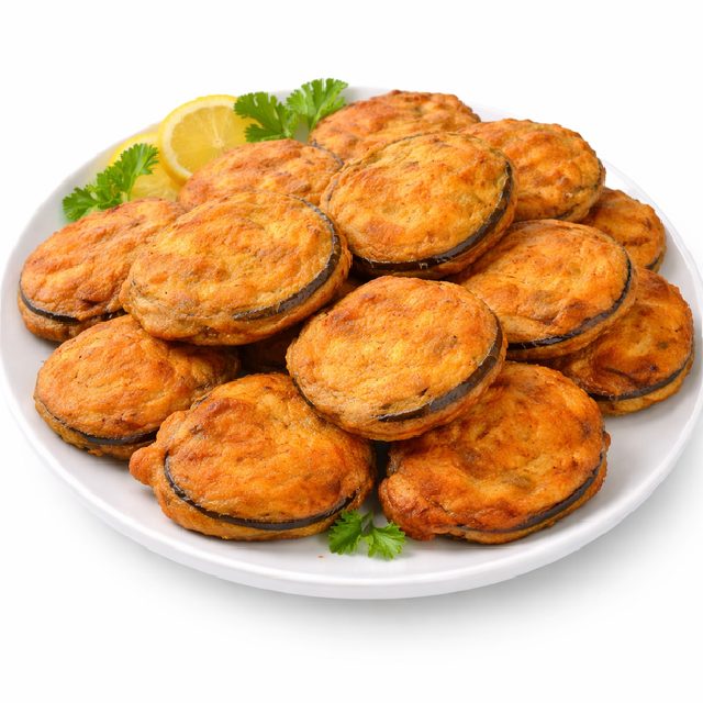 Une assiette blanche avec BAIGAN PAKORA (Minimum de commande 10 pièces) dorée, garnie de coriandre fraîche et d'une tranche de citron sur le côté.