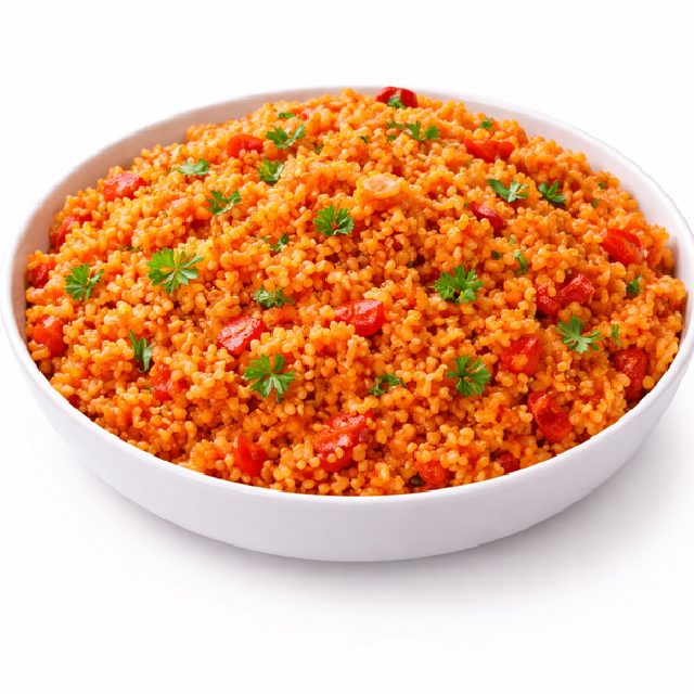 Un bol blanc rempli de BOULGHOUR À LA TOMATE (accompagnement), composé de boulgour cuit mélangé à des tomates, garni de persil. Commande minimum : 5 portions (250g/portion). Sur fond blanc.