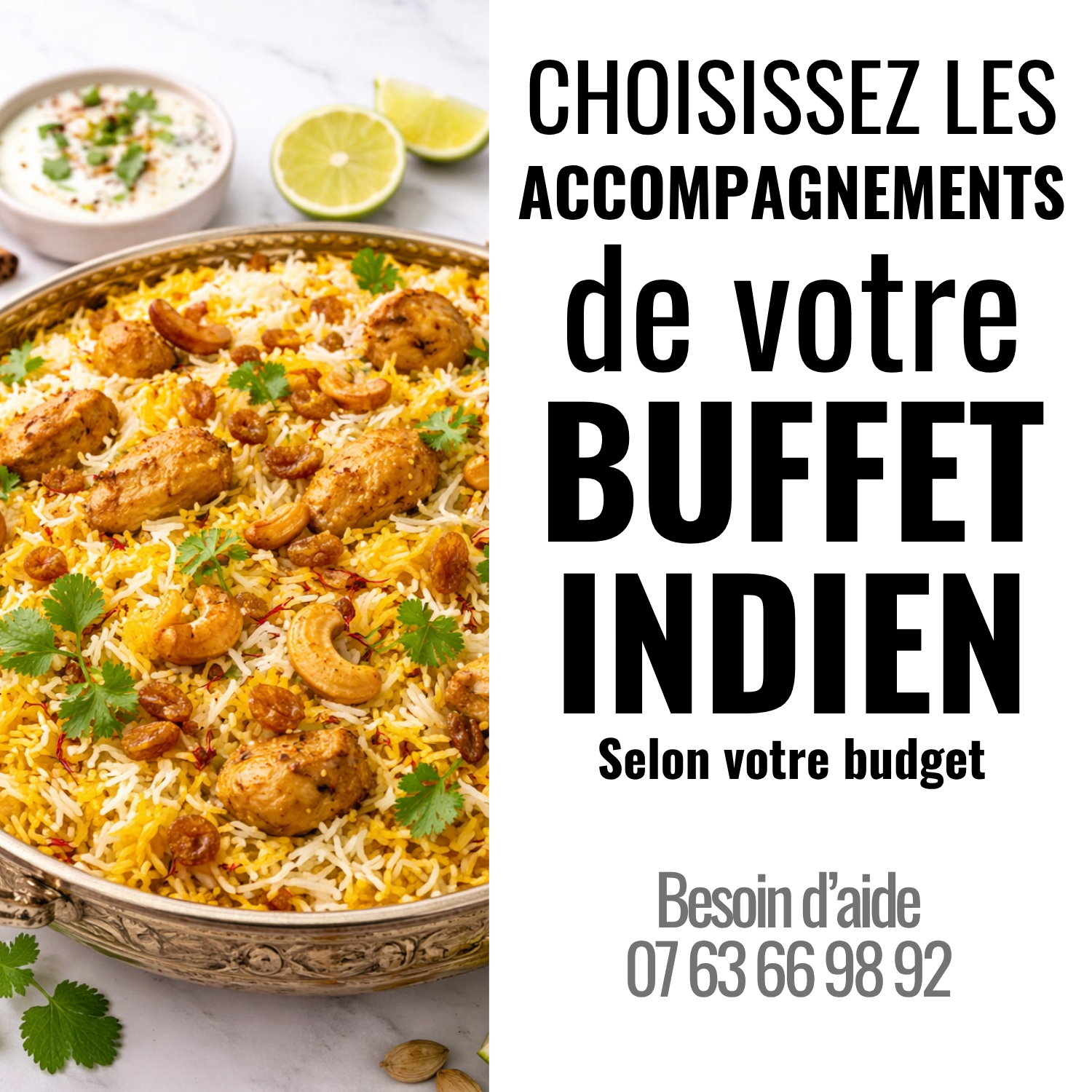 Un grand bol de biryani avec de la coriandre, des noix de cajou et du poulet est posé sur une surface blanche à côté de tranches de citron vert et de raïta. Un texte en français promeut "BUFFET INDIEN ACCOMPAGNEMENTS (Choisissez selon votre choix)" pour des options personnalisables.