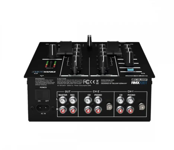 Le PACK SONORISATION est une table de mixage DJ noire, présentée de l'arrière, avec de multiples ports d'entrée/sortie RCA étiquetés pour les canaux CD, phono, master et record, ainsi qu'un interrupteur d'alimentation et une entrée CA.