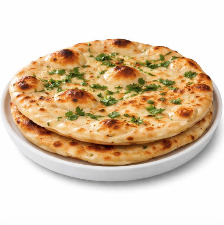Deux pièces de CHEESE NAN (accompagnement, 130g par portion, commande minimum 5) sont empilées sur une assiette blanche sur fond blanc.