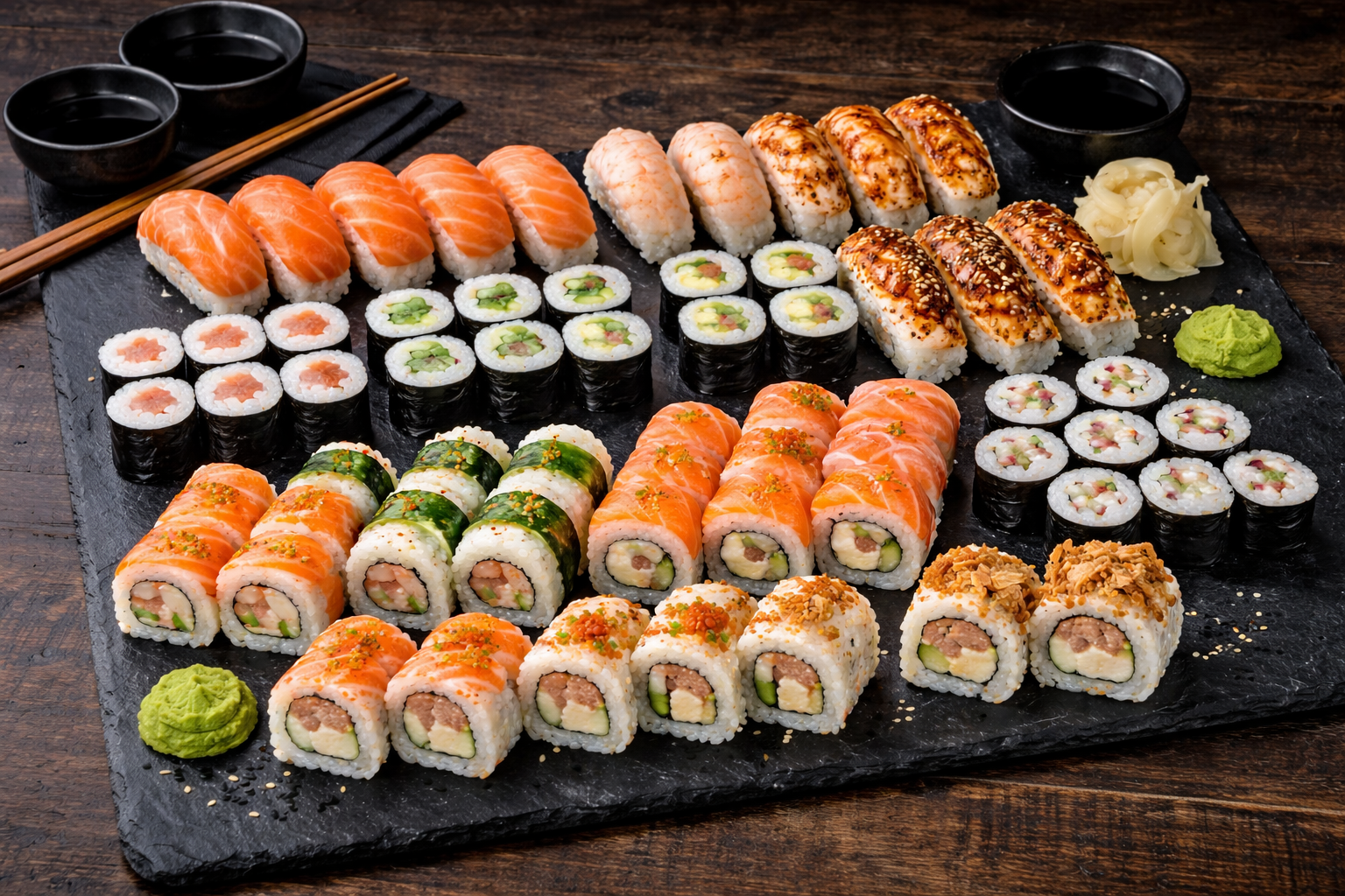 Le PLATEAU DE SUSHIS 75 pièces présente un assortiment de rouleaux de sushi, de nigiri et de maki disposés avec art sur un grand plateau d'ardoise avec des bols de wasabi, de gingembre mariné et de sauce soja posés sur une table en bois sombre.