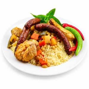 Une assiette de COUSCOUS ROYAL composé de saucisses, de poulet, de légumes et de haricots, agrémenté de menthe fraîche et de piments.