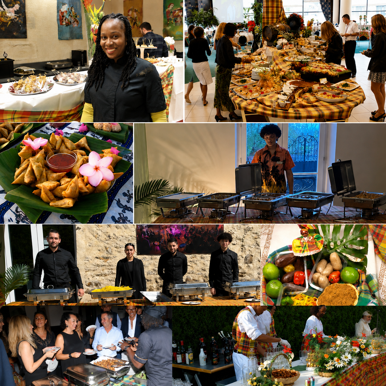 Une réunion animée où les invités savourent le buffet antillais « CARAÏBES ALL INCLUDED » : un buffet haut en couleur comprenant une entrée, un plat principal et un dessert, le tout dans un décor raffiné, avec des ingrédients frais, une mise en scène festive, un personnel professionnel et tout l'équipement nécessaire pour accueillir des événements de 30 personnes ou plus.