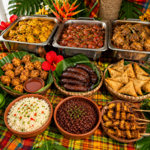 Une table aux couleurs chatoyantes met en valeur le buffet antillais « CARAÏBES » (entrée et plat, pour un minimum de 10 personnes), proposant un assortiment de riz, de haricots rouges, de saucisses grillées, de beignets, de brochettes de bananes plantains, de ragoûts savoureux et de plats au curry des Caraïbes, le tout disposé au milieu de feuilles tropicales et de fleurs rouges.