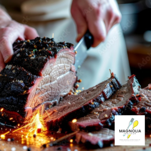 Une personne tranche le juteux LE BRISKET SIGNATURE PAR STEPHAN "L'art du feu et du temps" sur une planche à découper, des étincelles jaillissant du couteau. Le logo Magnolia Traiteur apparaît dans le coin inférieur droit.