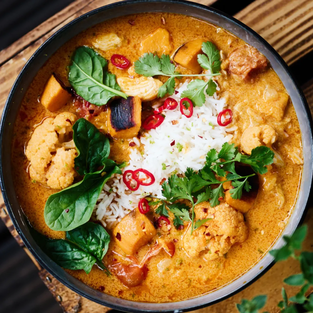 Dégustez le CURRY D’AGNEAU : de l’agneau tendre mijoté dans une sauce crémeuse à l’orange, accompagné de chou-fleur, de riz, de légumes verts frais, de coriandre, de piment rouge émincé et de légumes copieux. Présenté sur un plateau en bois.