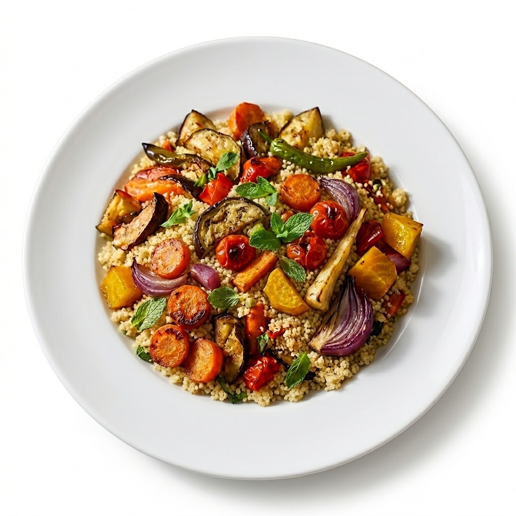 Une portion de COUSCOUS AUX LÉGUMES, composée de couscous garni de carottes rôties, d'aubergines, d'oignons rouges, de tomates cerises et d'herbes fraîches, est présentée sur une assiette blanche devant un fond blanc.