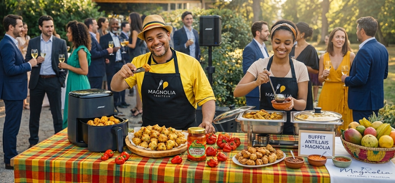 Deux traiteurs souriants servent des plats des Caraïbes lors d'un événement en plein air, devant une table richement décorée. À l'arrière-plan, les invités discutent, un verre à la main. Une pancarte indique « Buffet Antillais Magnolia ». Des mangues et des légumes frais sont disposés sur la table.