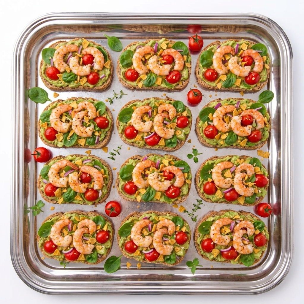 Un plateau en argent présente douze toasts de plantain à l’avocat et aux crevettes, chacun garni d’avocat, de crevettes, de légumes verts, de tomates cerises et d’herbes aromatiques, le tout disposé avec soin en trois rangées.