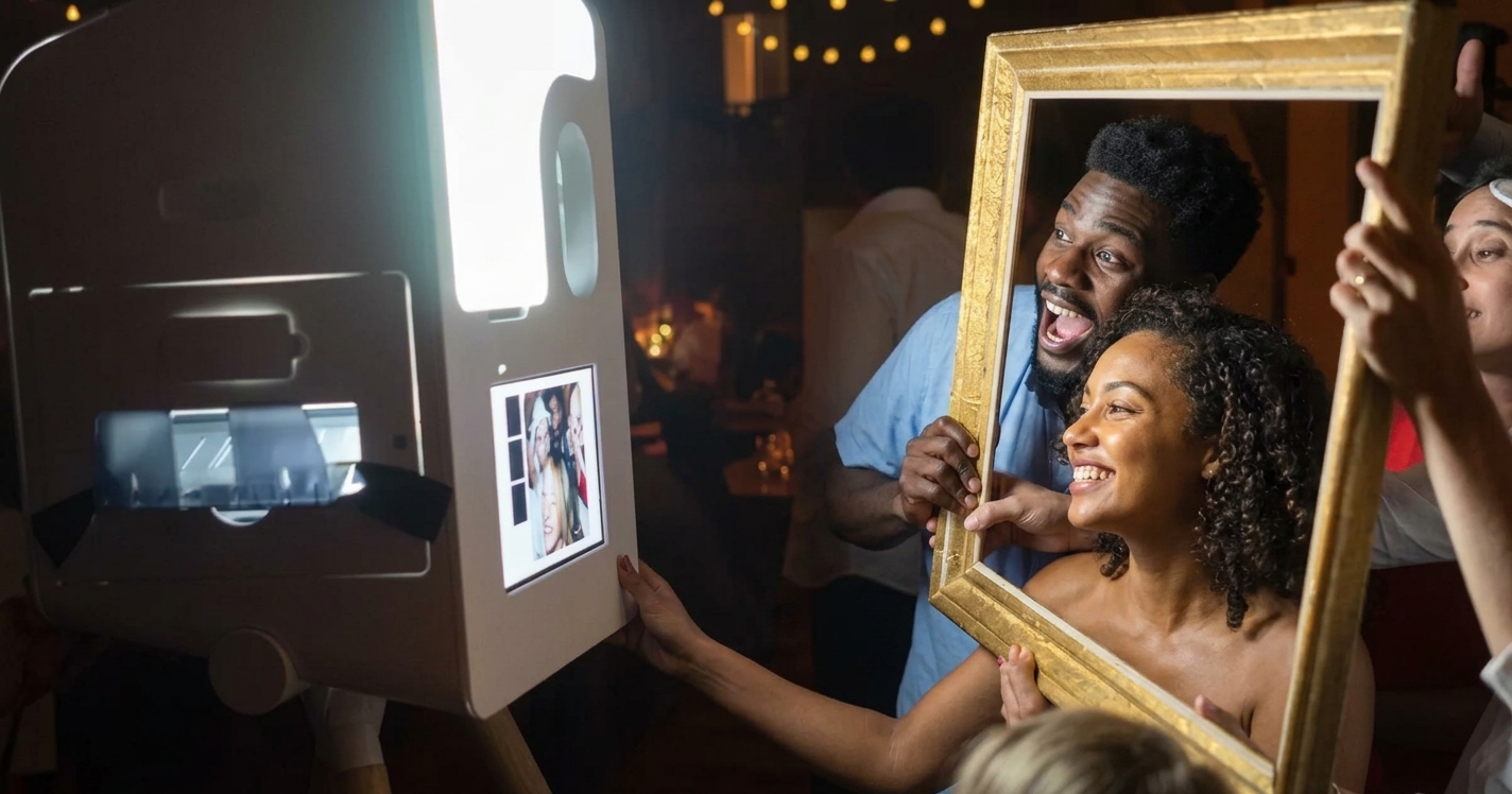 Deux personnes sourient et prennent la pose avec un grand cadre photo devant un photomaton lors d'une fête, tandis qu'une autre personne aide à tenir le cadre. On aperçoit en arrière-plan un éclairage chaleureux et des guirlandes lumineuses.
