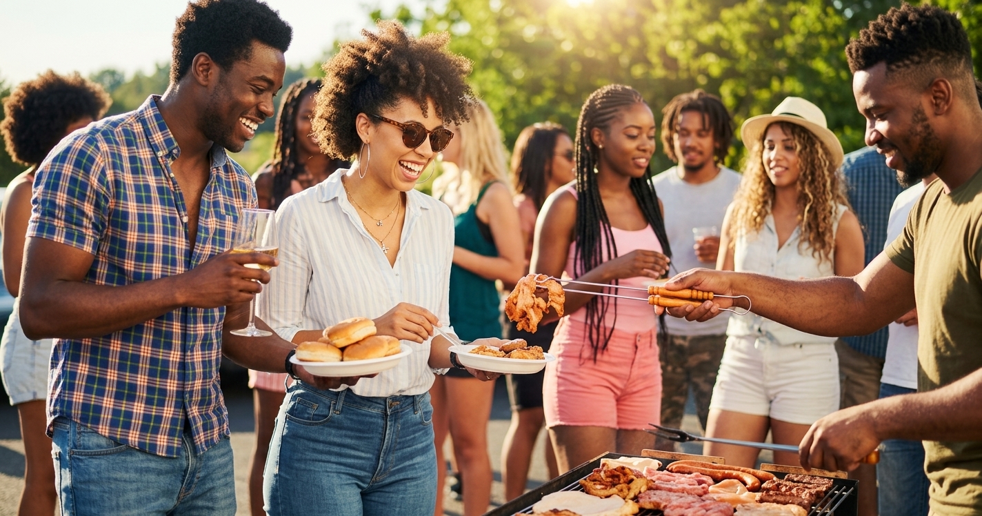 Un groupe de personnes profite d'un barbecue estival en plein air. Un homme fait griller de la viande tandis que d'autres, souriants, une assiette et un verre à la main, se rassemblent autour de lui. Des arbres et la lumière du soleil sont visibles à l'arrière-plan.