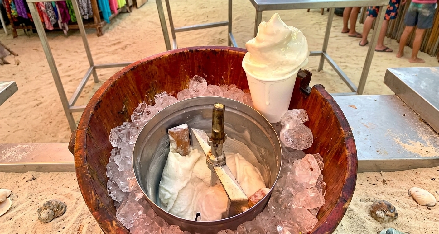 Une sorbetière en bois remplie de glace et une baratte en métal se trouvent sur une plage de sable. À proximité se trouve une coupe de glace à la vanille. On aperçoit des vêtements et des personnes à l'arrière-plan.