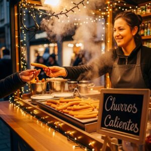 Un vendeur souriant tend un churro à un client devant un stand de rue festif décoré de lumières. Une pancarte indique « STAND D'ANIMATION : CHURROS À VOLONTÉ », et de la vapeur s'échappe des plateaux de churros tout juste sortis du four.