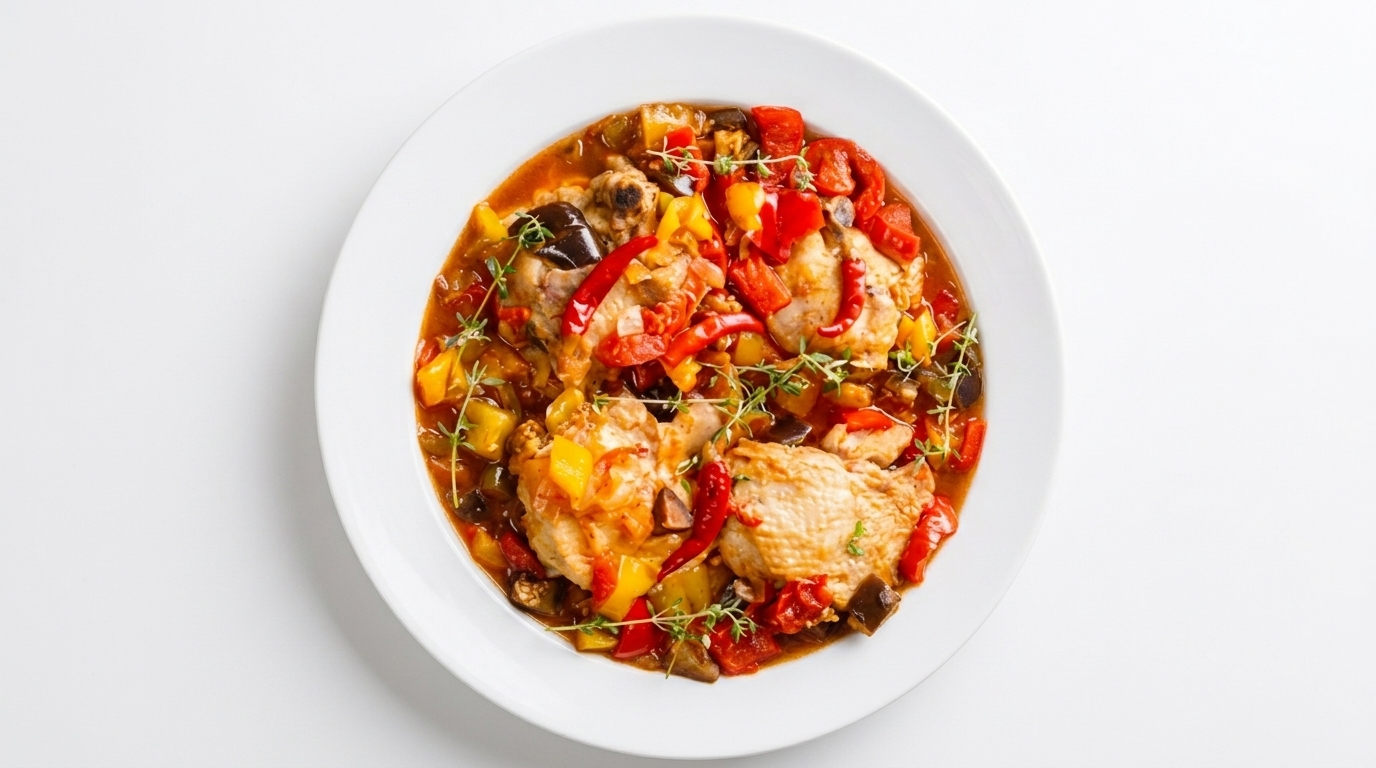 Une assiette blanche met en valeur le KEDJÉNOU DE POULET (300 g), composé de poulet tendre, de poivrons rouges et jaunes, de tomates et d'herbes aromatiques mijotés dans une sauce onctueuse, le tout sur un fond blanc immaculé.