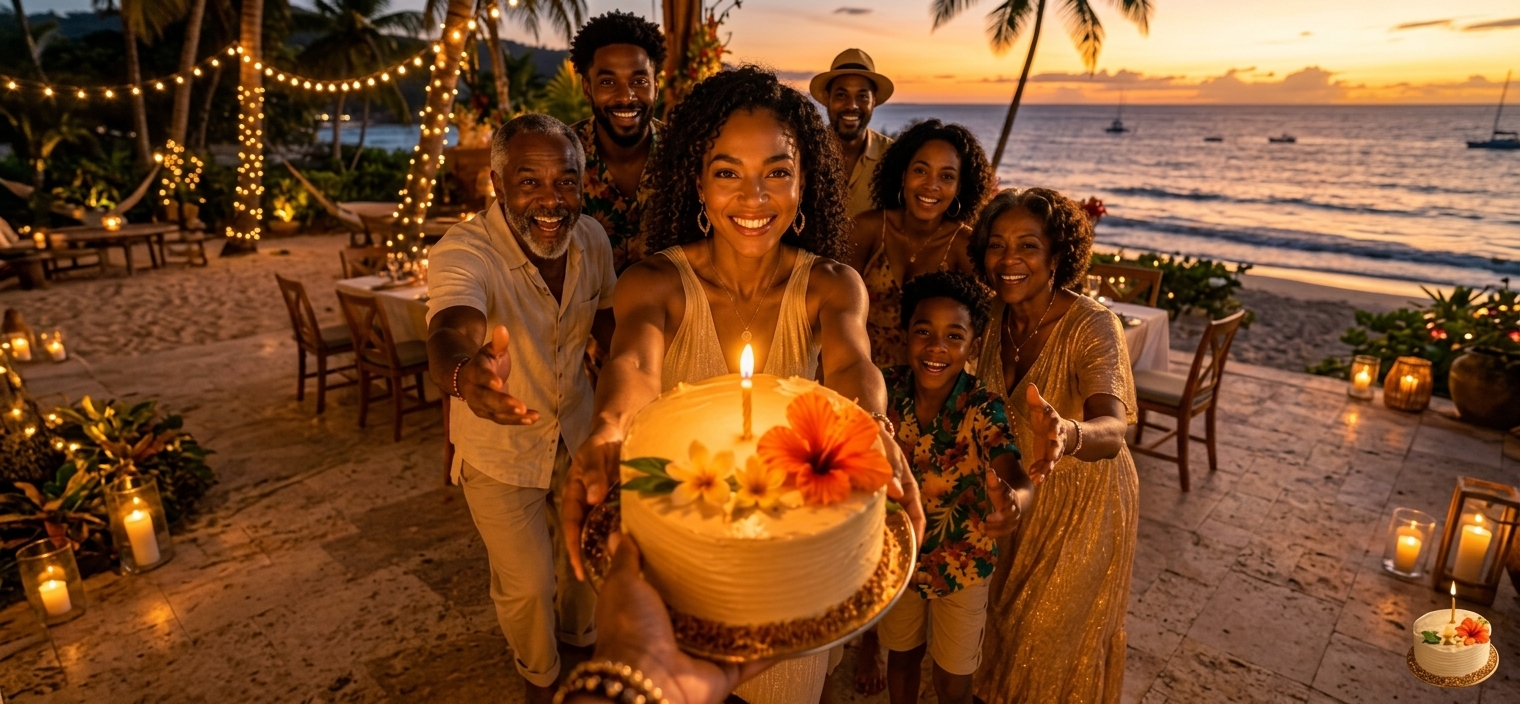 Une famille rayonnante de joie fait la fête lors d'une soirée sur la plage au coucher du soleil : on y voit une femme tenant un gâteau orné de fleurs et d'une bougie allumée, entourée de guirlandes lumineuses et de proches souriants.