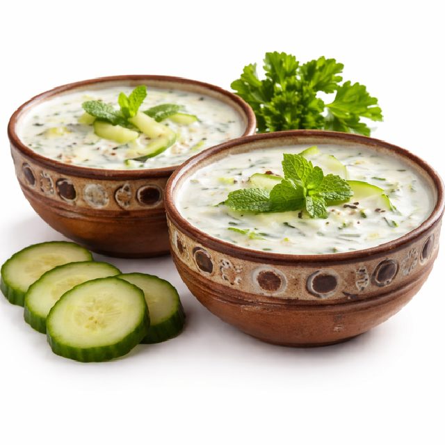 Deux bols LABAN (250g) remplis de soupe de concombre à base de yaourt, garnis de feuilles de menthe et de tranches de concombre. Du persil frais et des tranches de concombre supplémentaires sont disposés à côté des bols sur un fond blanc.