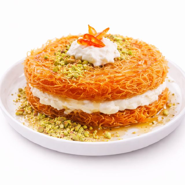 Une assiette de CHEVEUX D'ANGE FINS OSMALIYÉ : deux couches de pâte croustillante et dorée, fourrée de crème, garnie de crème fouettée, de pistaches hachées et de sirop. Commande minimum : 5 pièces.