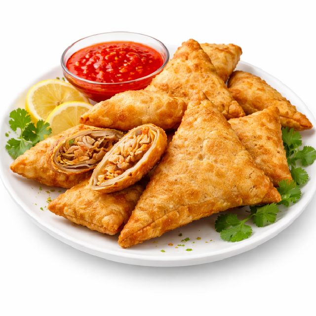 Une assiette blanche contient du POULET DE SAMOUSSA (Minimum de commande 5 pièces) doré et triangulaire, dont certains sont ouverts pour montrer la garniture. Garni de coriandre, de tranches de citron et servi avec un petit bol de sauce rouge.