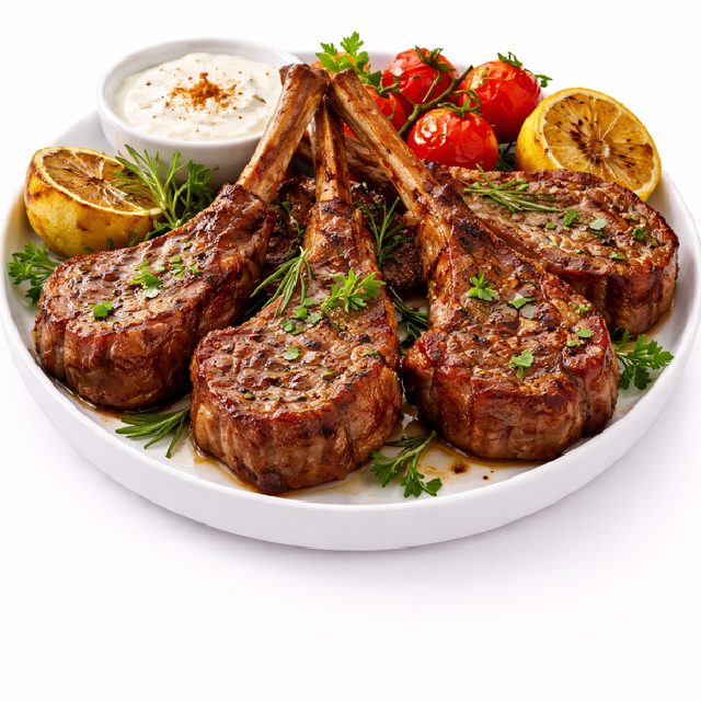 CÔTE D'AGNEAU CUITE AU FEU DE BOIS (Barquette de 5 pièces), servies grillées avec herbes, tomates cerises rôties, citrons et sauce crémeuse sur assiette blanche.