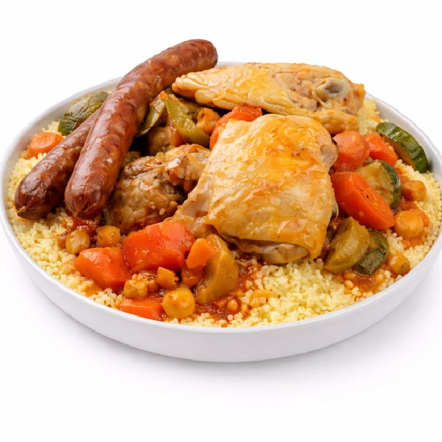 COUSCOUS 3 VIANDES : Couscous servi avec du poulet, des saucisses, des pois chiches, des carottes, des courgettes et une sauce savoureuse.