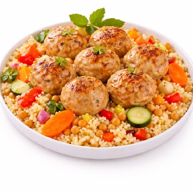 COUSCOUS BOULETTES DE POULET : Six boulettes de viande de poulet rissolées servies sur du couscous avec des pois chiches, des tranches de carottes, de courgettes, de poivrons rouges et une garniture d'herbes fraîches.