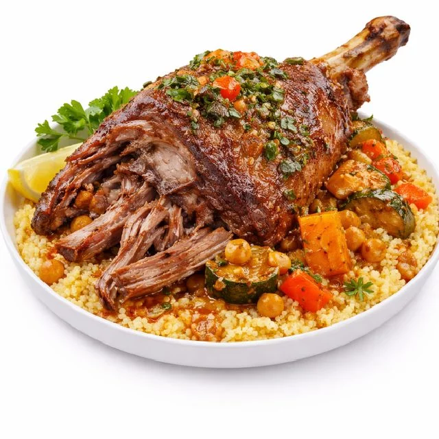 COUSCOUS MÉCHOUI ÉPAULE D'AGNEAU : Couscous savoureux accompagné d'épaule d'agneau mijotée, de carottes, de courgettes, de pois chiches et de persil.