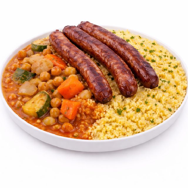 COUSCOUS MERGUEZ : Trois saucisses grillées sur du couscous jaune, accompagnées d'un ragoût de légumes composé de carottes, de pois chiches, de courgettes et de pommes de terre dans une sauce tomate.