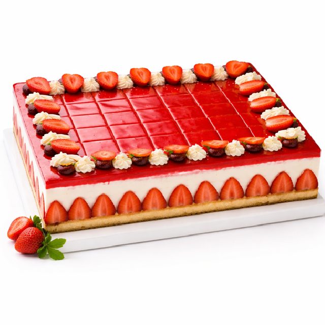 Le FRAISIER (32 parts) est un gâteau aux fraises rectangulaire avec un dessus rouge brillant, des fraises coupées en deux et de la crème sur le pourtour, des fraises coupées en tranches sur les côtés et deux fraises entières sur l'assiette.