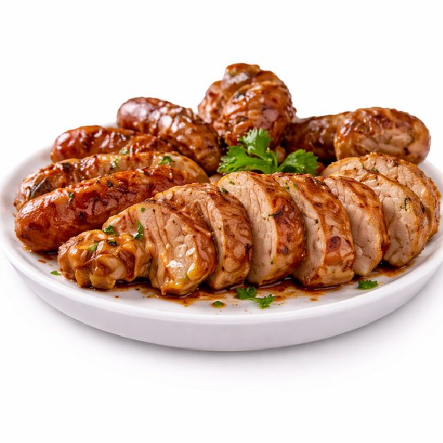 Une assiette blanche avec GRILLADE DE FOIE DE VOLAILLE (Plat), composée de viande rôtie glacée et de saucisses entières, garnie de persil frais. Commande minimum : 5 plats de 300g/personne. Présenté sur fond blanc.