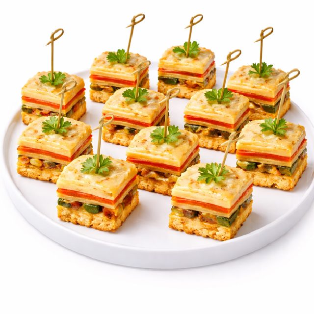 Une assiette blanche présente dix MINI LASAGNES LÉGUMES - des amuse-gueules carrés à base de légumes et de pain, chacun garni de persil et maintenu par un pic décoratif.