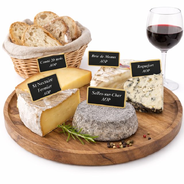 PLATEAU DE FROMAGE : Un plateau en bois avec cinq fromages français étiquetés - comté, brie de Meaux, roquefort, saint-nectaire et Selles-sur-Cher - servi avec un verre de vin rouge et une corbeille de pain tranché en arrière-plan.