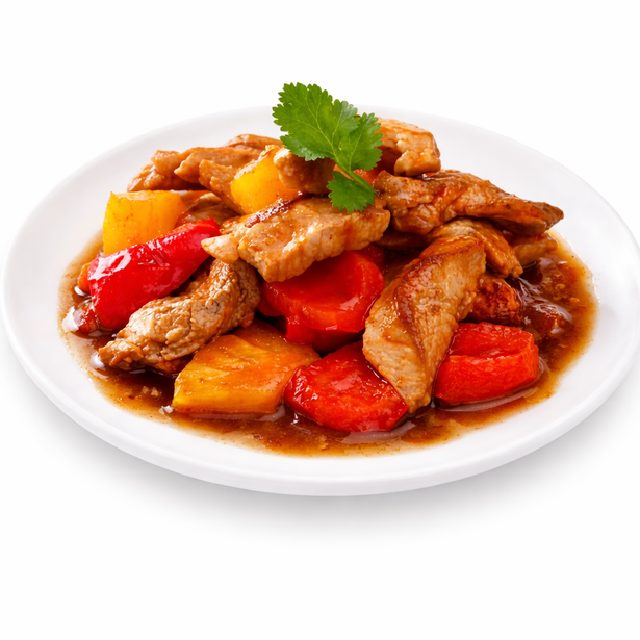 Une assiette blanche de PORC SAUCE AIGRE DOUCE (250g/pers) contient de la viande sautée, des poivrons rouges et jaunes, des tranches de tomates et de l'ananas dans une sauce brune, garnie de coriandre.