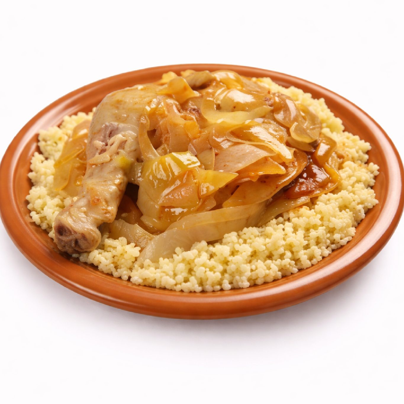 Le POULET YASSA (300 g), un plat savoureux composé d'un couscous accompagné d'un pilon de poulet cuit et d'un ragoût de légumes et d'oignons, est présenté dans une assiette en terre cuite sur fond blanc.