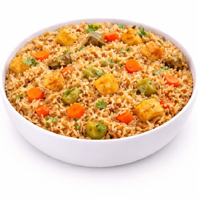 Un bol blanc rempli de RIZ CRÉOLE - riz frit mélangé à des cubes de paneer, des poivrons verts, des carottes, des petits pois, et garni d'herbes fraîches (commande minimum : 5 personnes/250g par portion).