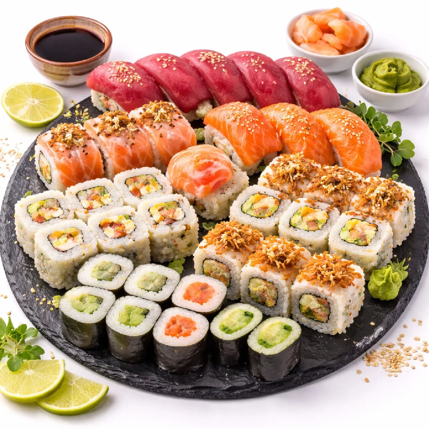 Le PLATEAU SUSHIS PREMIUM comprend un assortiment de nigiri, de maki et d'uramaki magnifiquement présentés sur une ardoise noire, agrémentés de wasabi, de gingembre mariné et de tranches de citron vert, et servis avec un bol de sauce soja.
