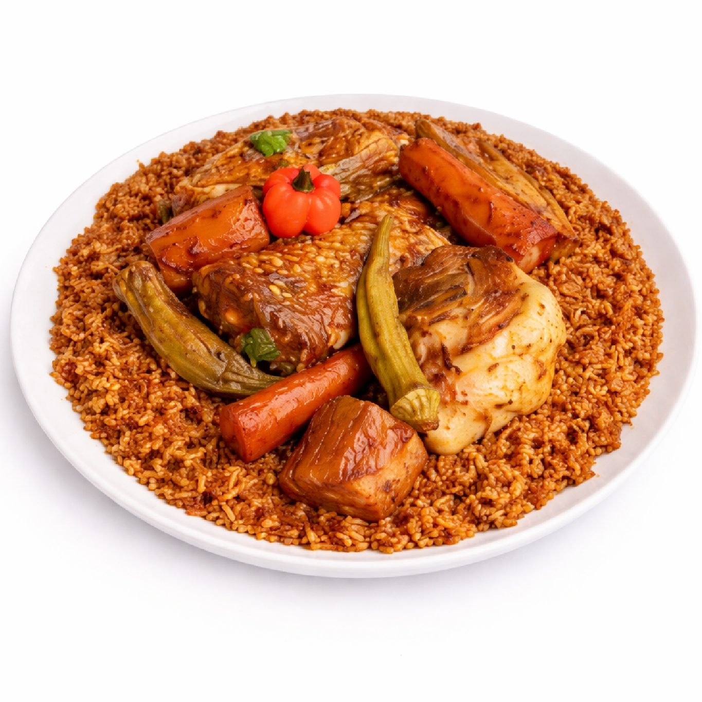Assiette blanche avec THIEBOU DIEN (min 5 pers/300g), comprenant du riz jollof, des viandes assorties, du gombo, des carottes et un poivron entier sur fond blanc.
